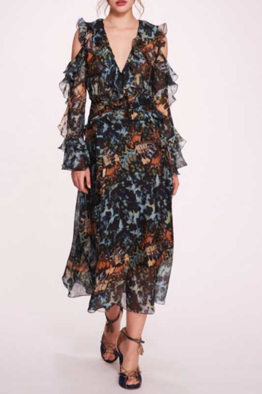 Ruffled Long Sleeve Midi Dress