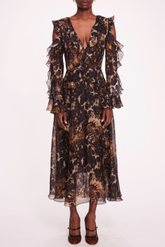 Ruffled Long-Sleeve Midi Dress