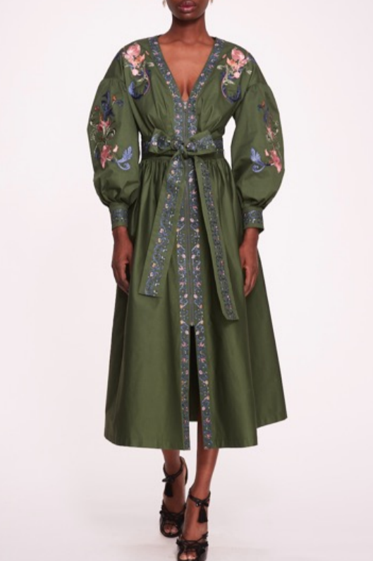 V-Neck Floral Embroidered Midi Dress