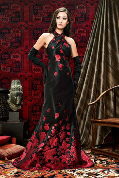 Sleeveless Floral Halter Neck Gown