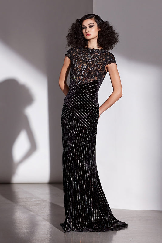 Stretch Velvet Embroidered Gown