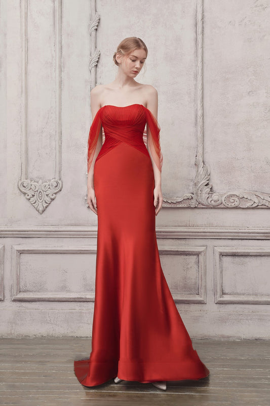 Draped Off Shoulder Sheer Sleeve Gown