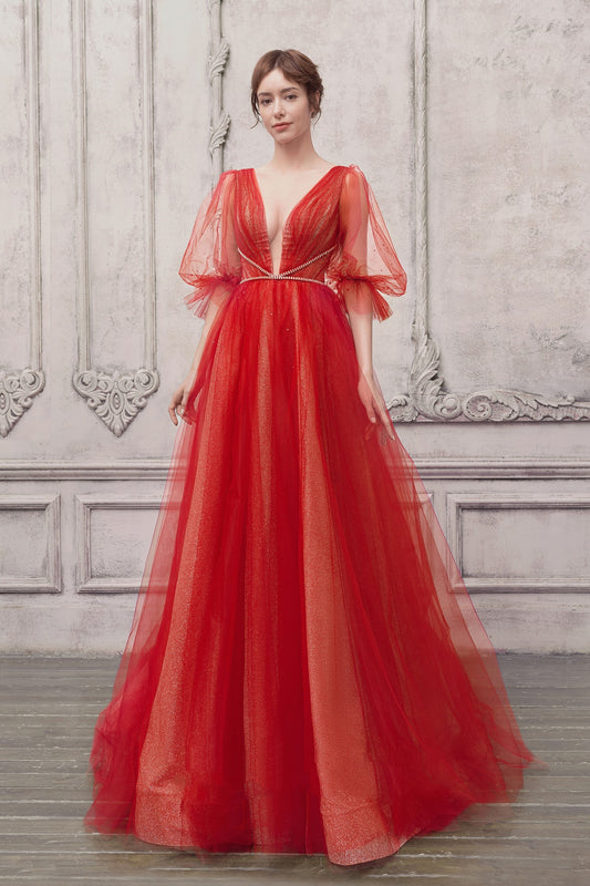 Puff Sleeve Plunging Neck Gown
