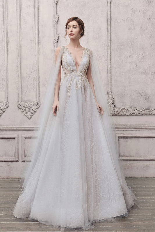 Long Draped Sleeve A-Line Gown