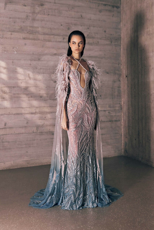 Gradient Embroidered Tulle Gown