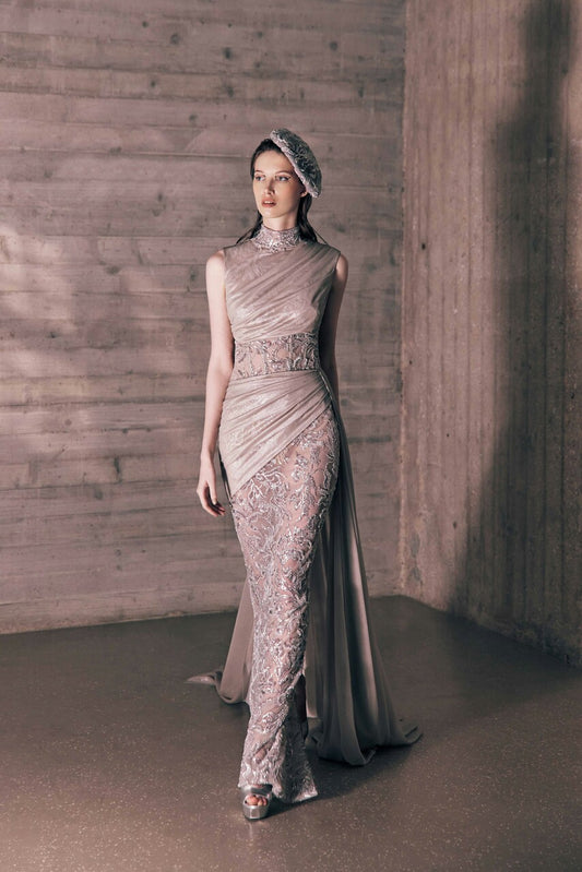 Embroidered Tulle Gown with Draping