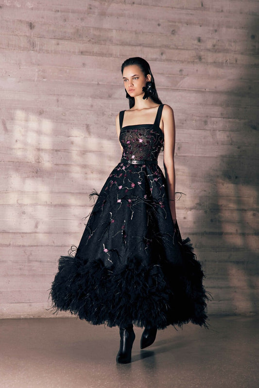 Embroidered Tulle A-Line Midi Dress