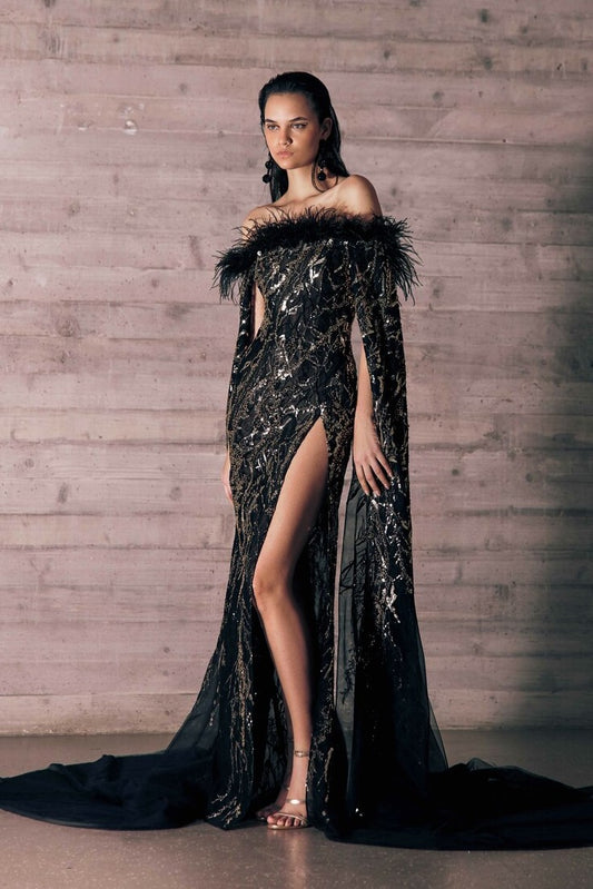 Cape Sleeve Tulle Slit Gown