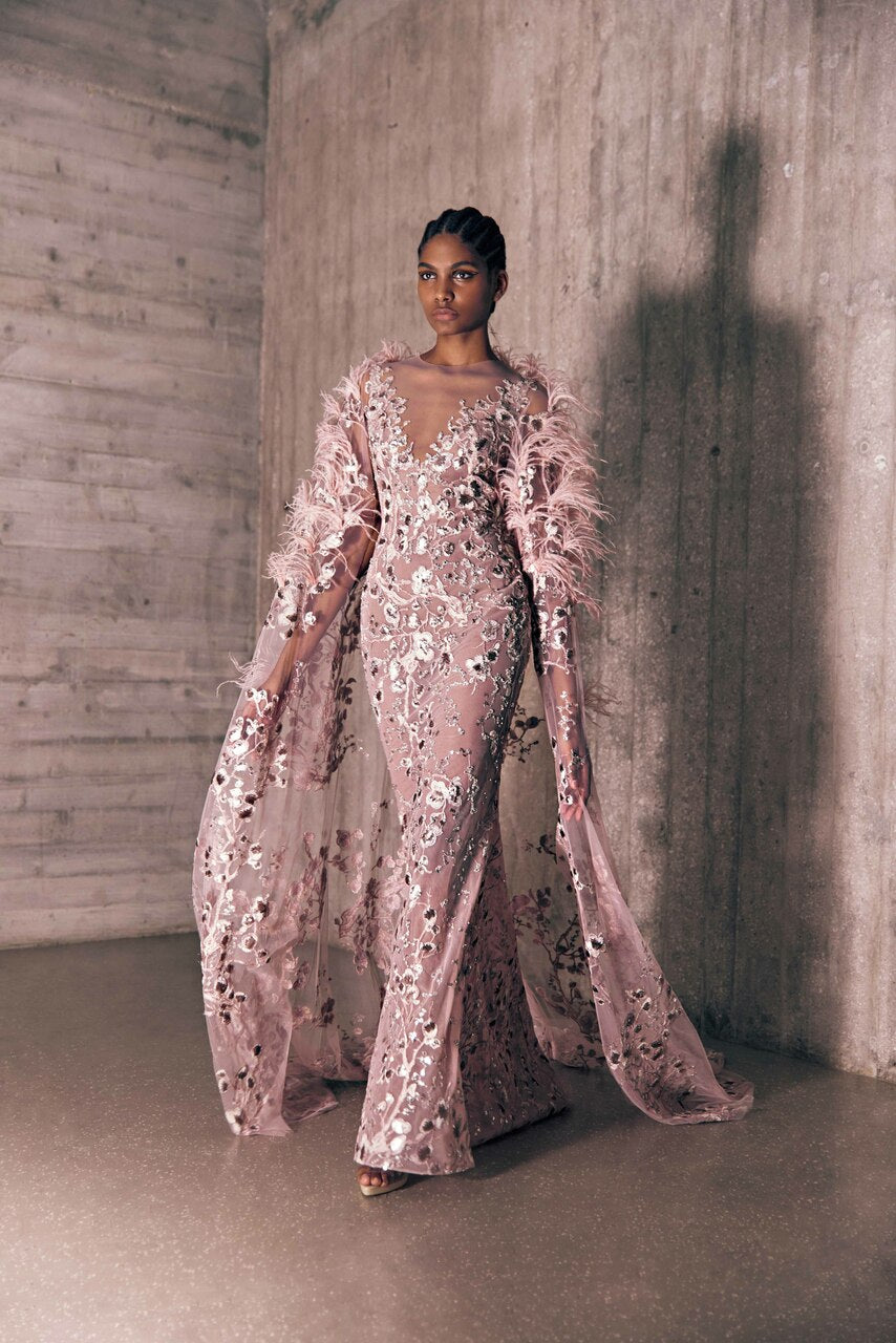 Feather Dotted Embroidered Tulle Gown