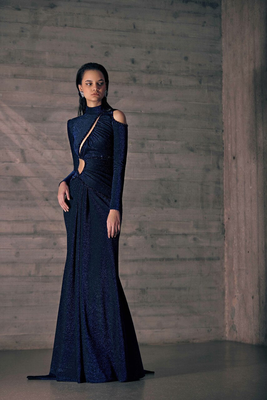 Jersey Gown with Embroidered Cutouts