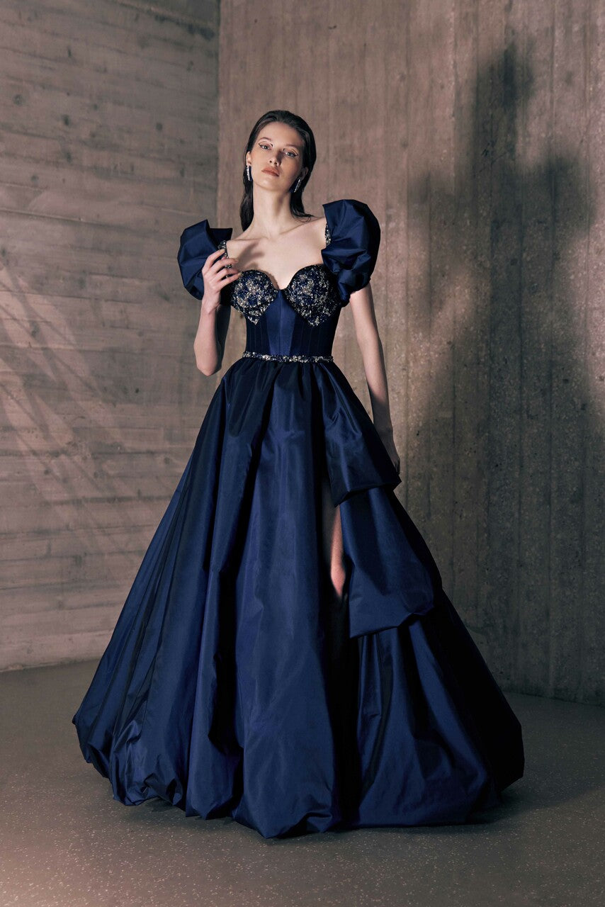 Puffy Sleeve Embroidered Taffeta Gown