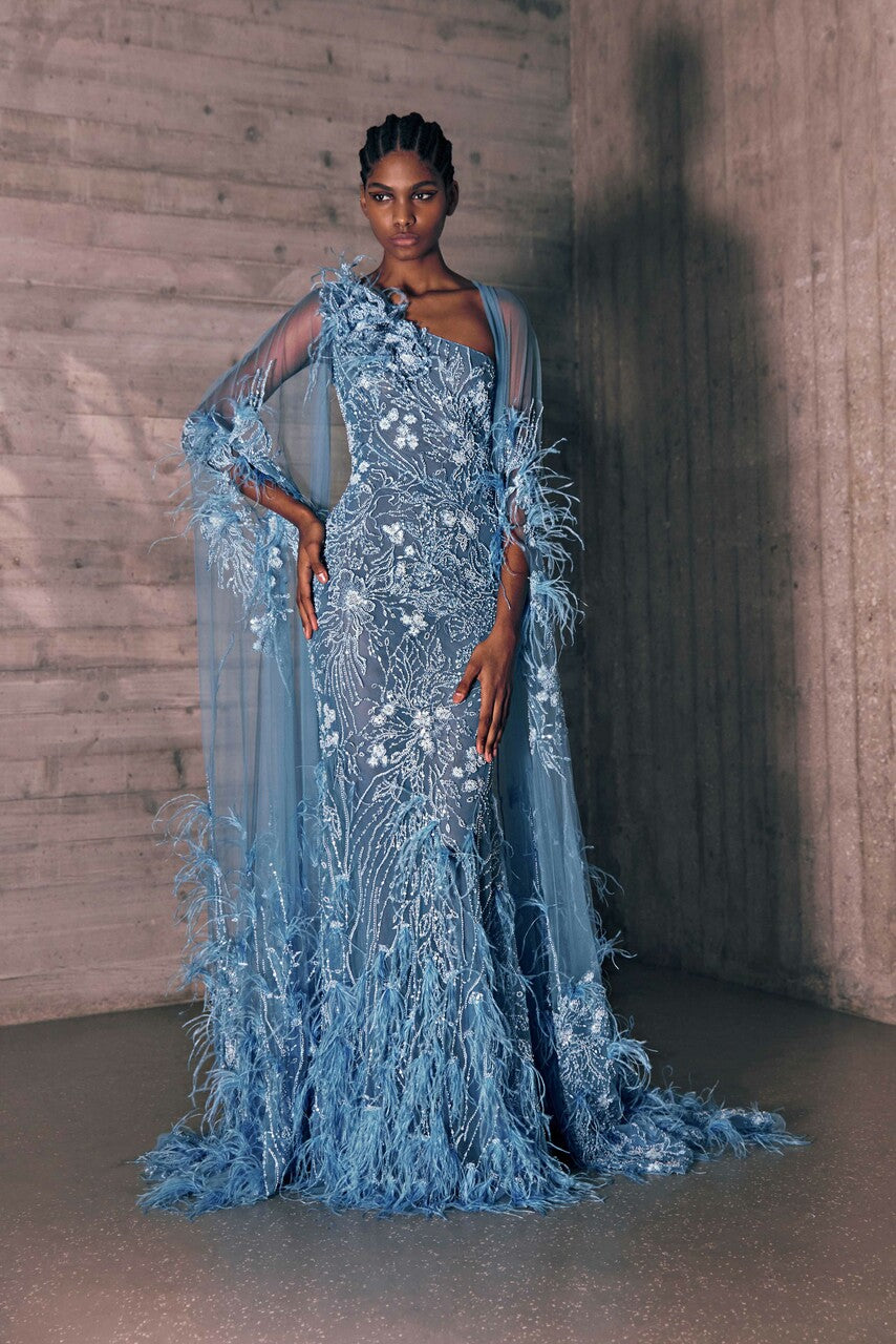 Embroidered Tulle Gown with Matching Cape