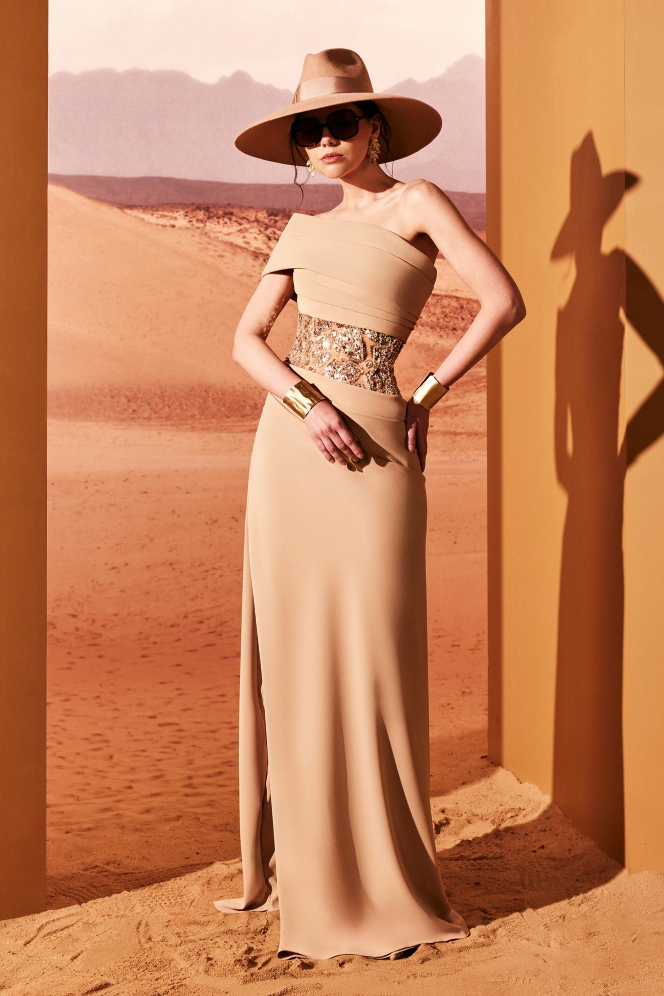 Crepe Off Shoulder Slit Gown