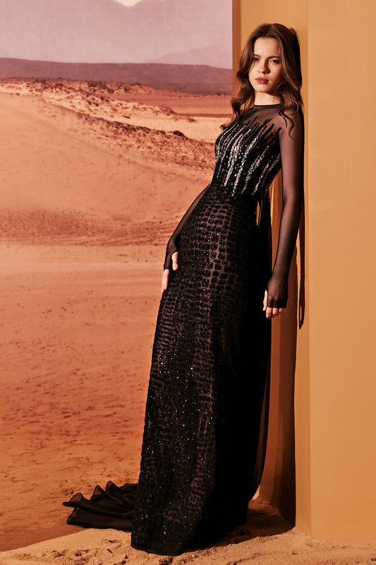 Tulle and Sequin Long Sleeve Gown