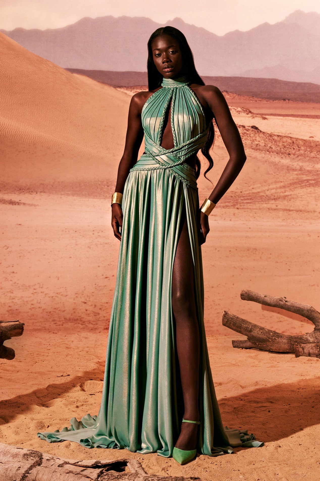 Pleated Jersey Slit Gown