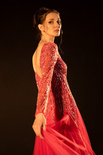 Long Sleeve  Beaded Gown