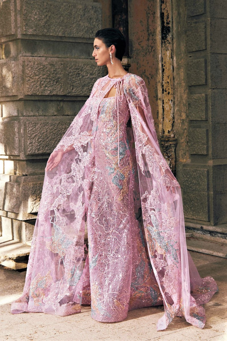 Long Sleeve Tulle Gown with  Cape