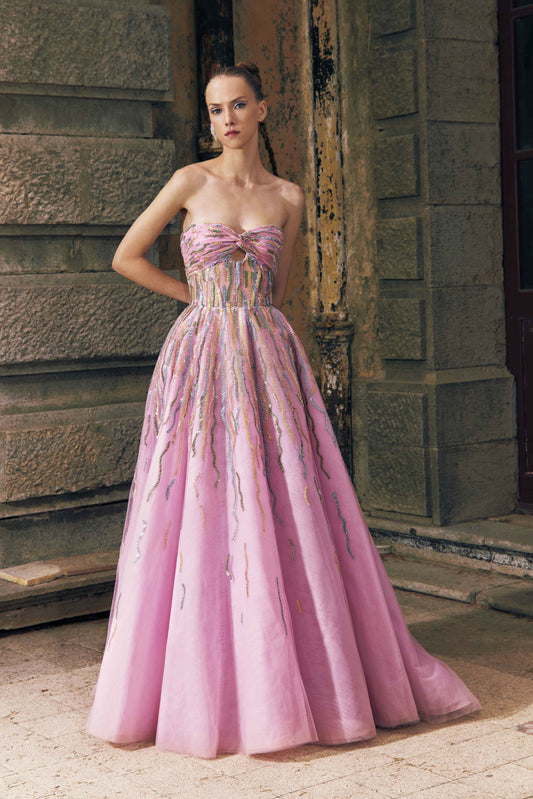 Embroidered Strapless Tulle  Gown