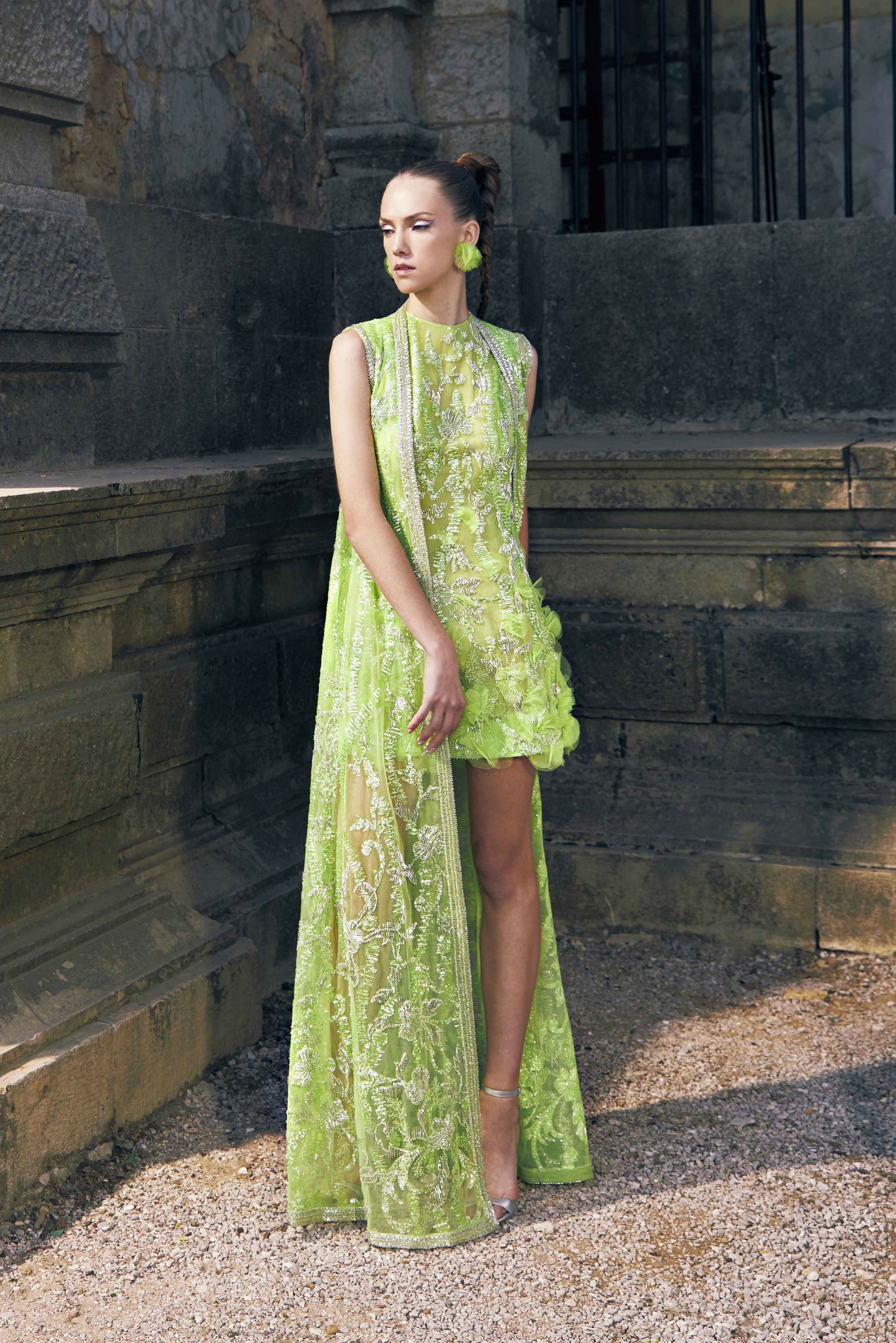 Embroidered Cocktail Dress with Tulle Coat