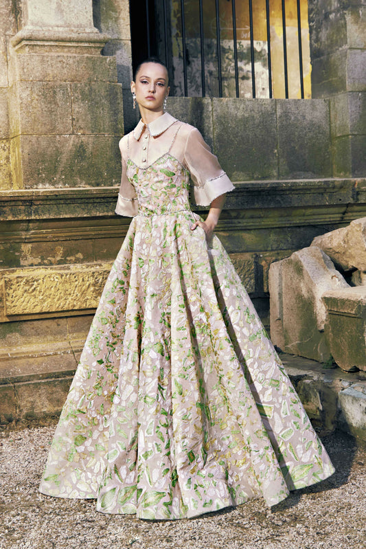 Silk and Lurex Thread Embroidered Tulle Gown