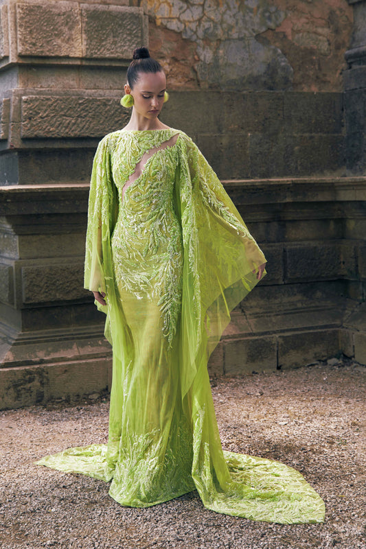 Embroidered Tulle Gown with Cape Sleeves