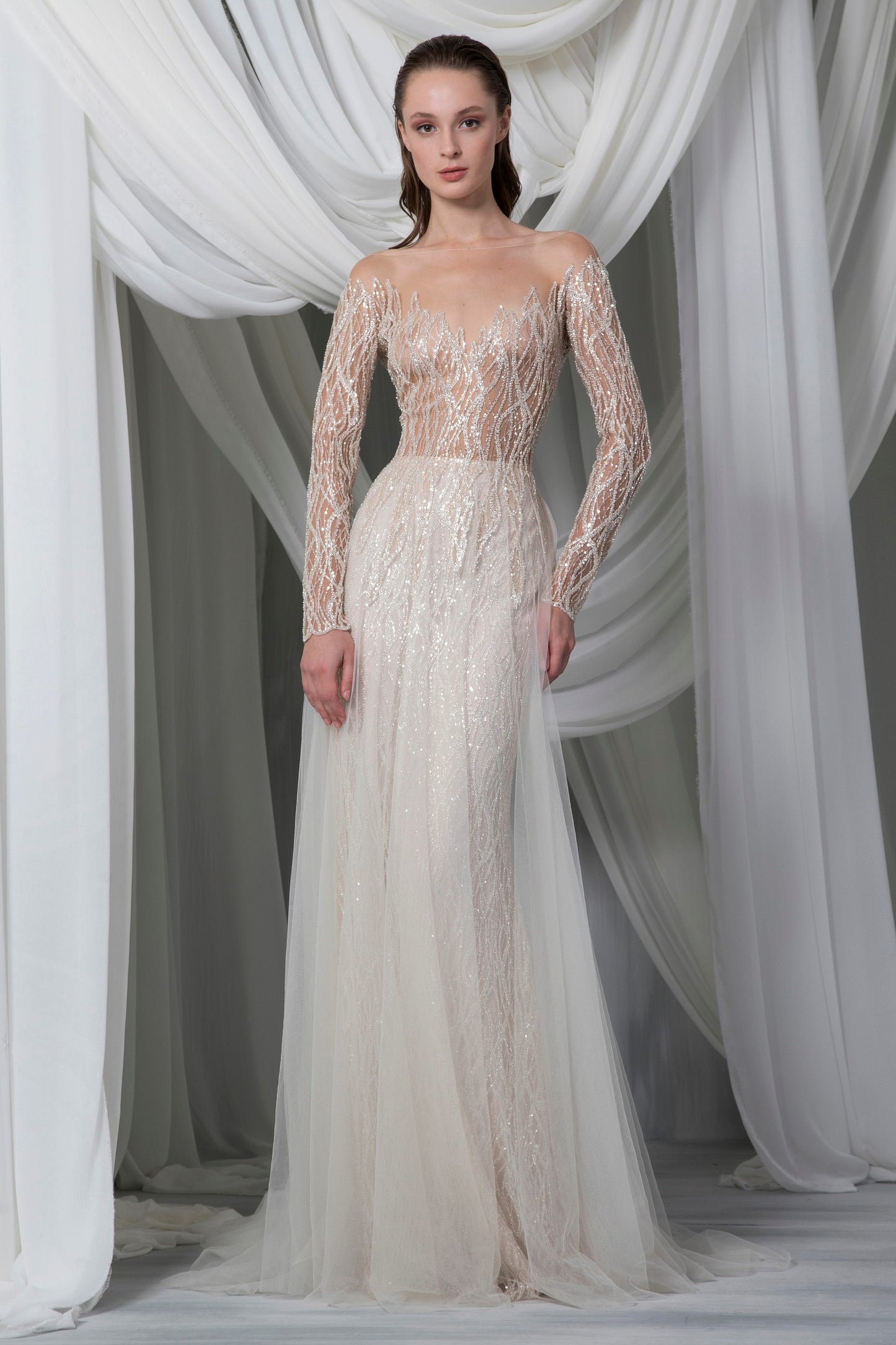Long Sleeve Hand Embroidered Tulle Gown