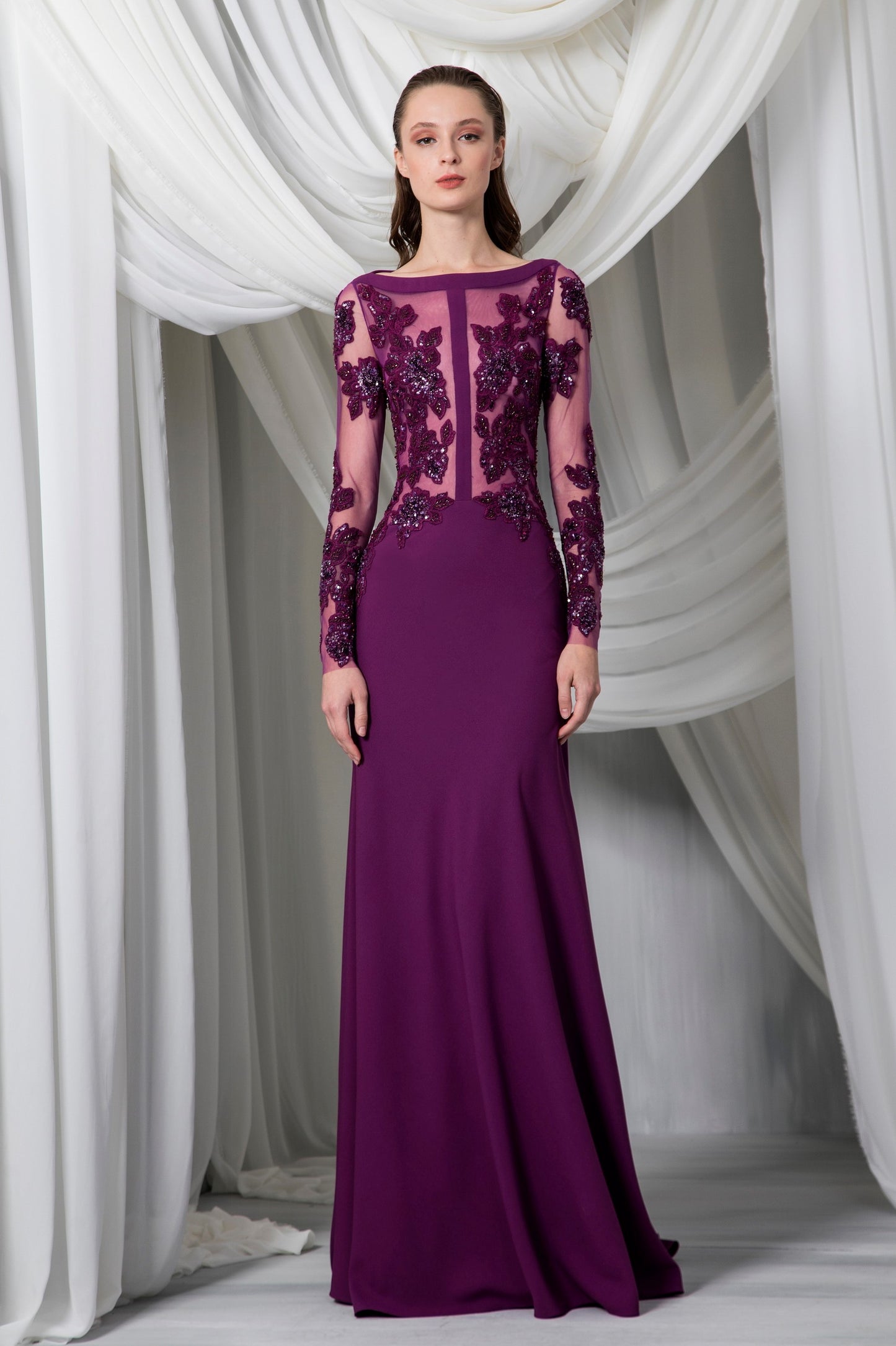 Long Sleeve Cr?pe Marocain Fitted Gown