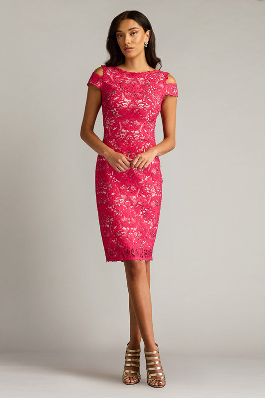 Embroidered Tulle Cold Shoulder Dress