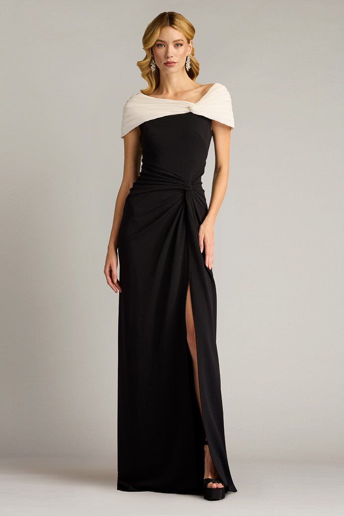 Textured Crepe Cap Sleeve Contrast Gown