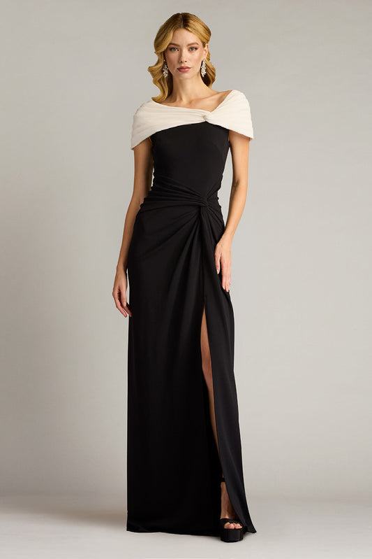 Textured Crepe Cap Sleeve Contrast Gown