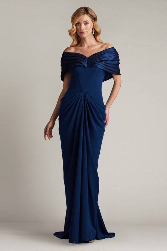 Crepe and Taffeta Off Shoulder Gown