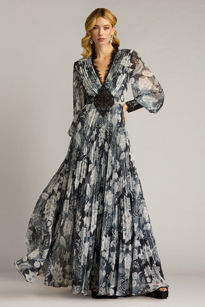 Floral Print Georgette Long Sleeve-Gown