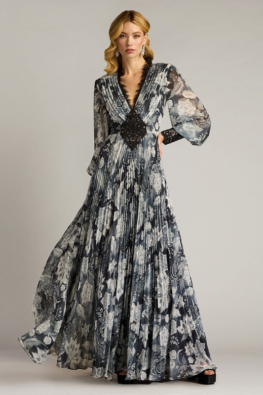 Floral Print Georgette Long Sleeve-Gown