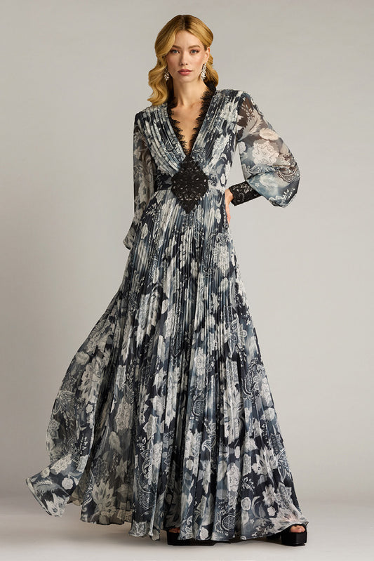 Floral Print Georgette Long Sleeve Gown