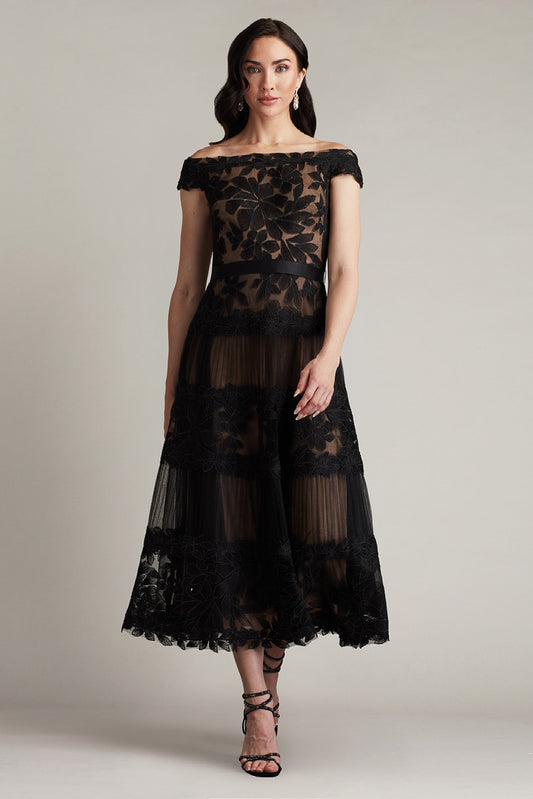 Geometric Floral Embroidered Tulle A-Line Dress