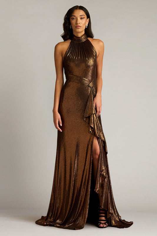 Metallic Jersey Halter Neck Gown