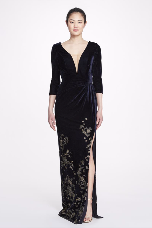 ¾ Sleeve Embroidered Velvet  Gown