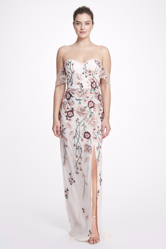 Off the Shoulder  Embroidered Tulle Gown