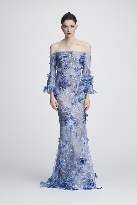 Light Blue Off the Shoulder Embroidered Gown