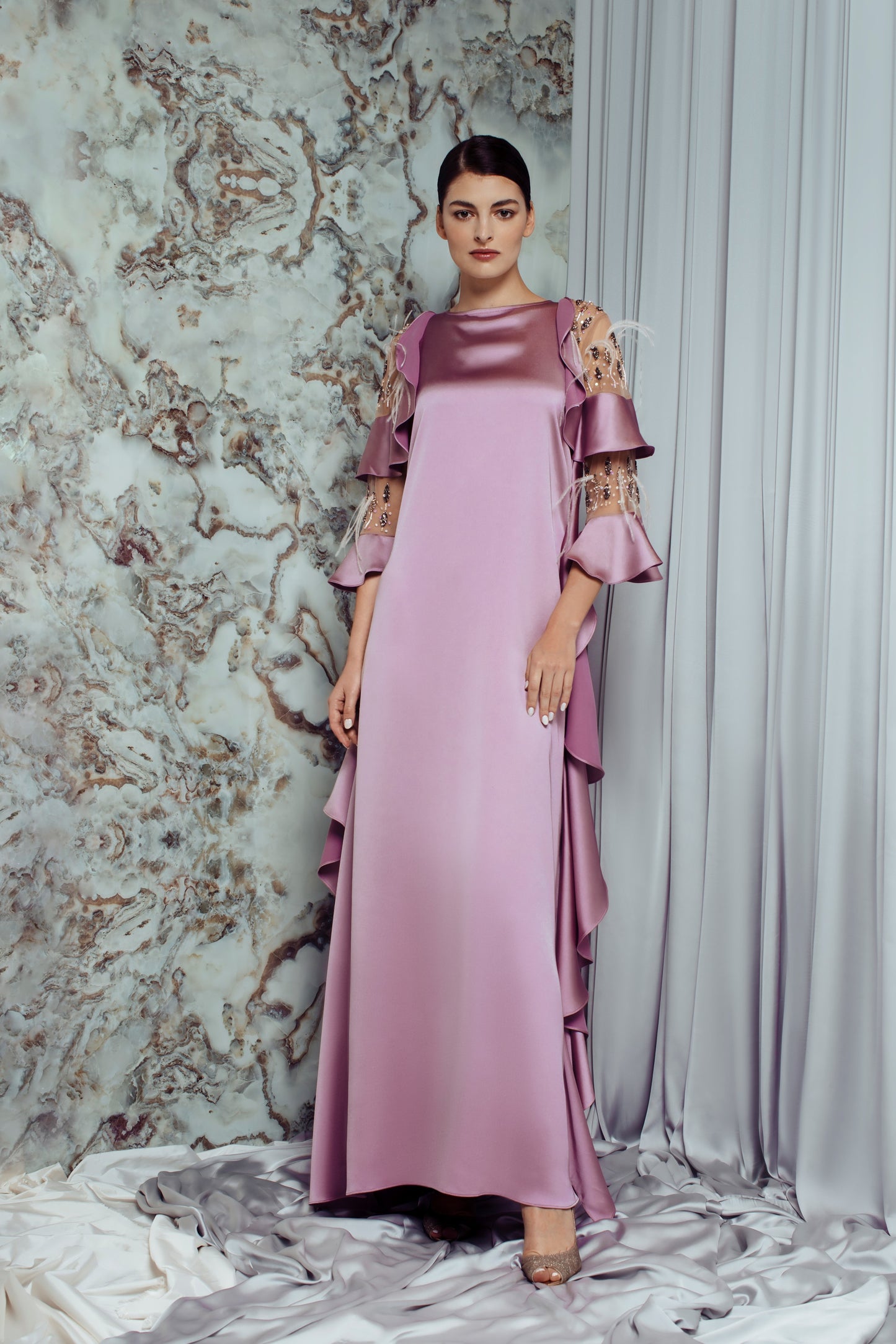 Lara Hand Beaded Ruffle Kaftan