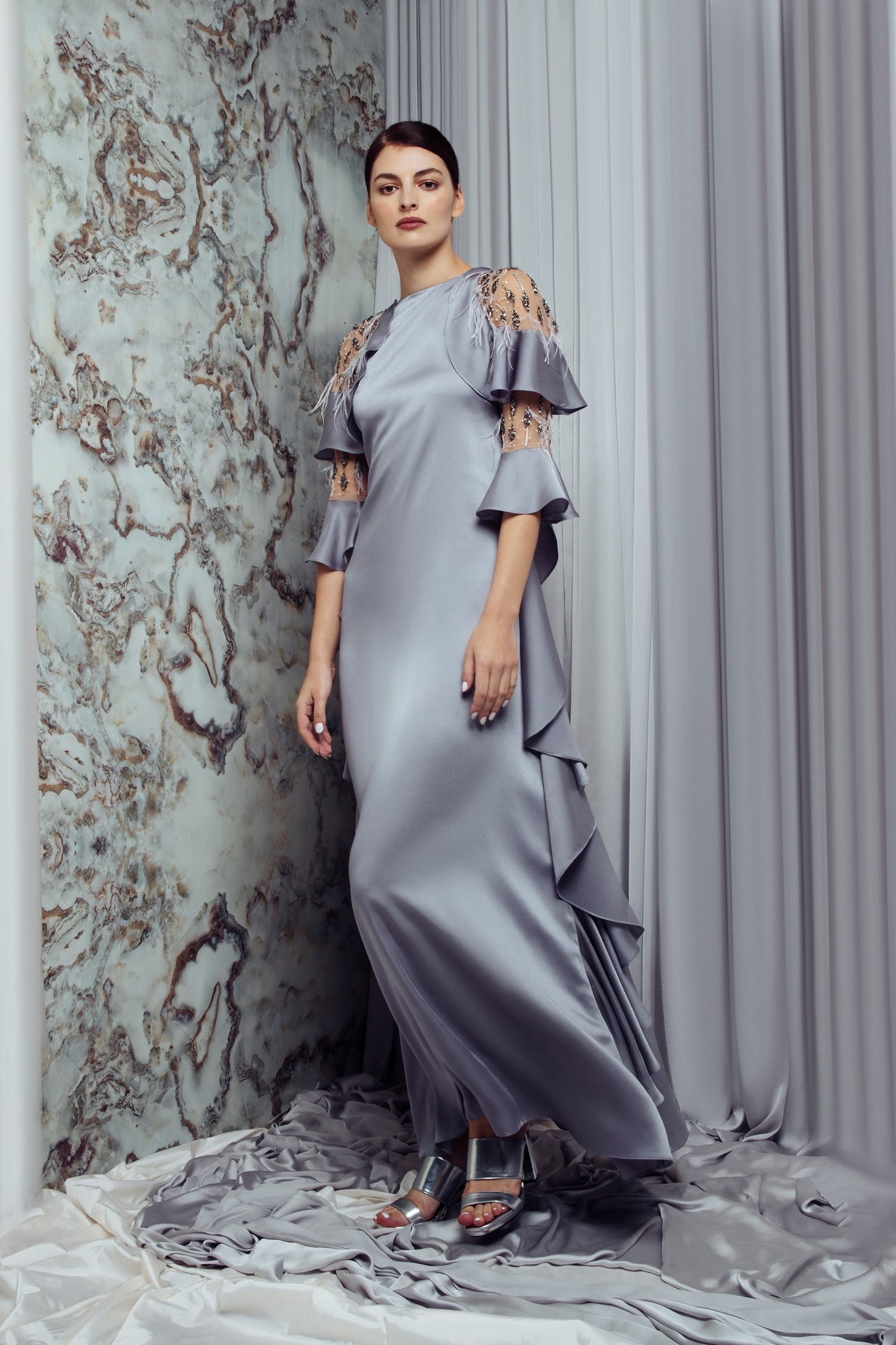 Lara Hand Beaded Ruffle  Kaftan