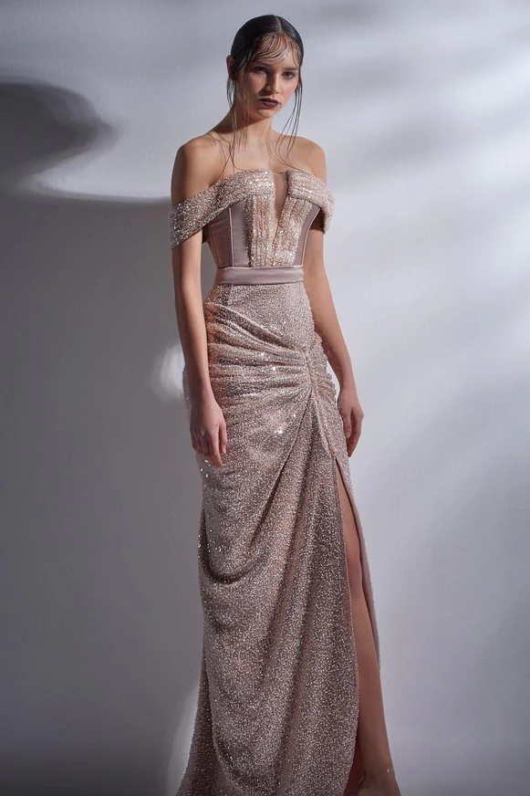 Embellished Off the Shoulder Slit Gown
