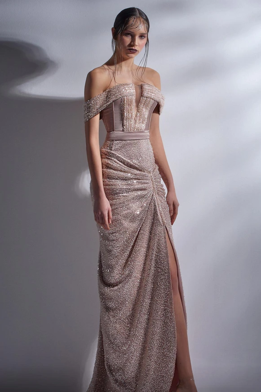 Embellished Off the Shoulder Slit Gown