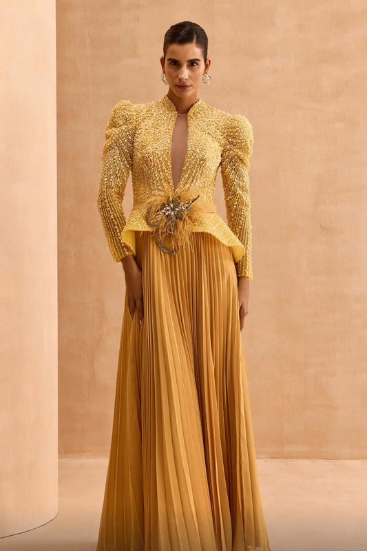 Long-Sleeved Peplum Pleated Gown
