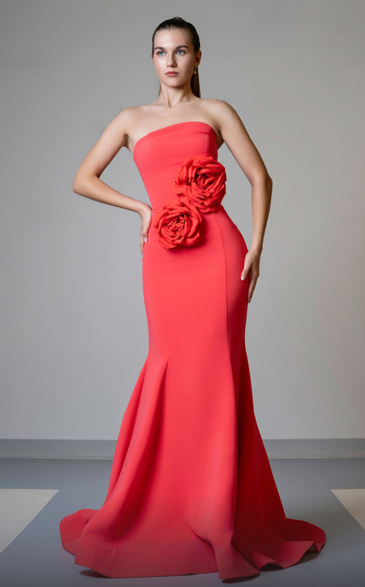 Strapless Flared Gown with Floral Detail
