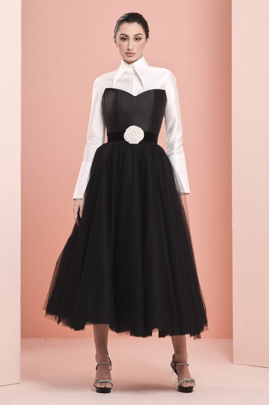 Silk Gazar and Tulle Midi Dress