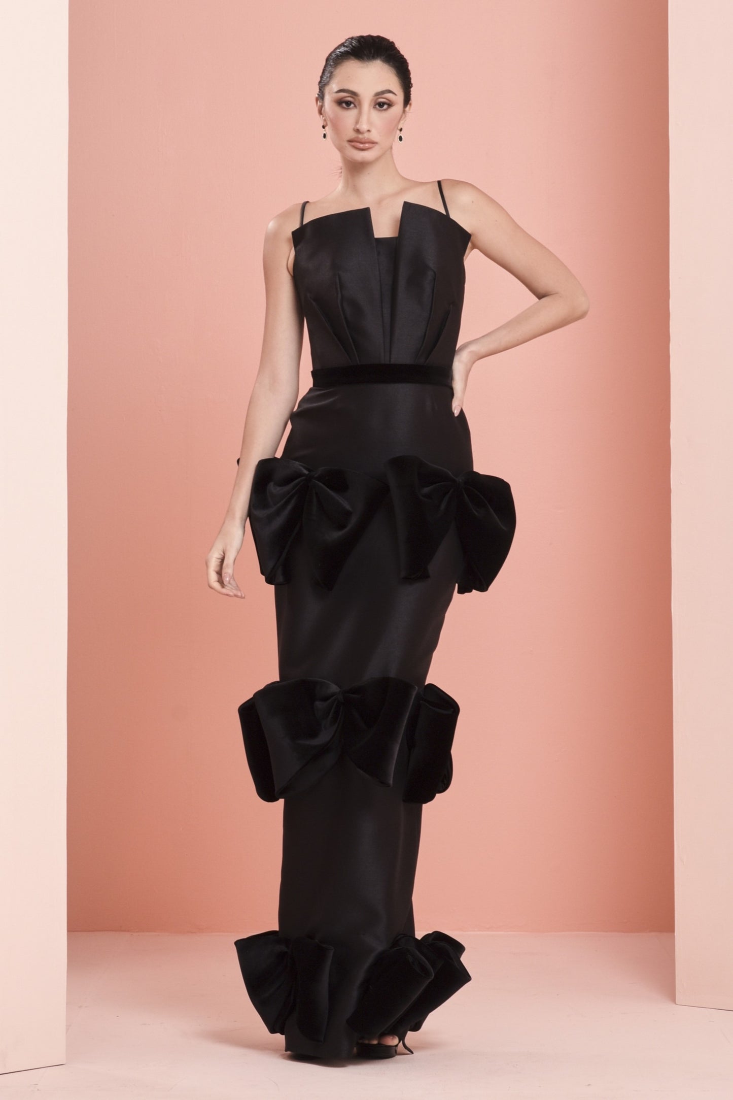 Silk Gazar Gown with Velvet Bow Detail