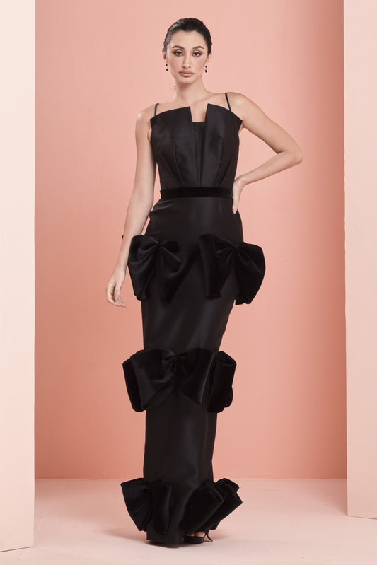 Silk Gazar Gown with Velvet Bow Detail