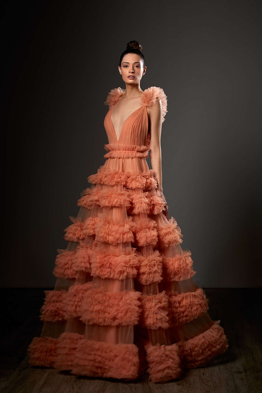 Tiered Ruffled V-Neck A-Line Gown