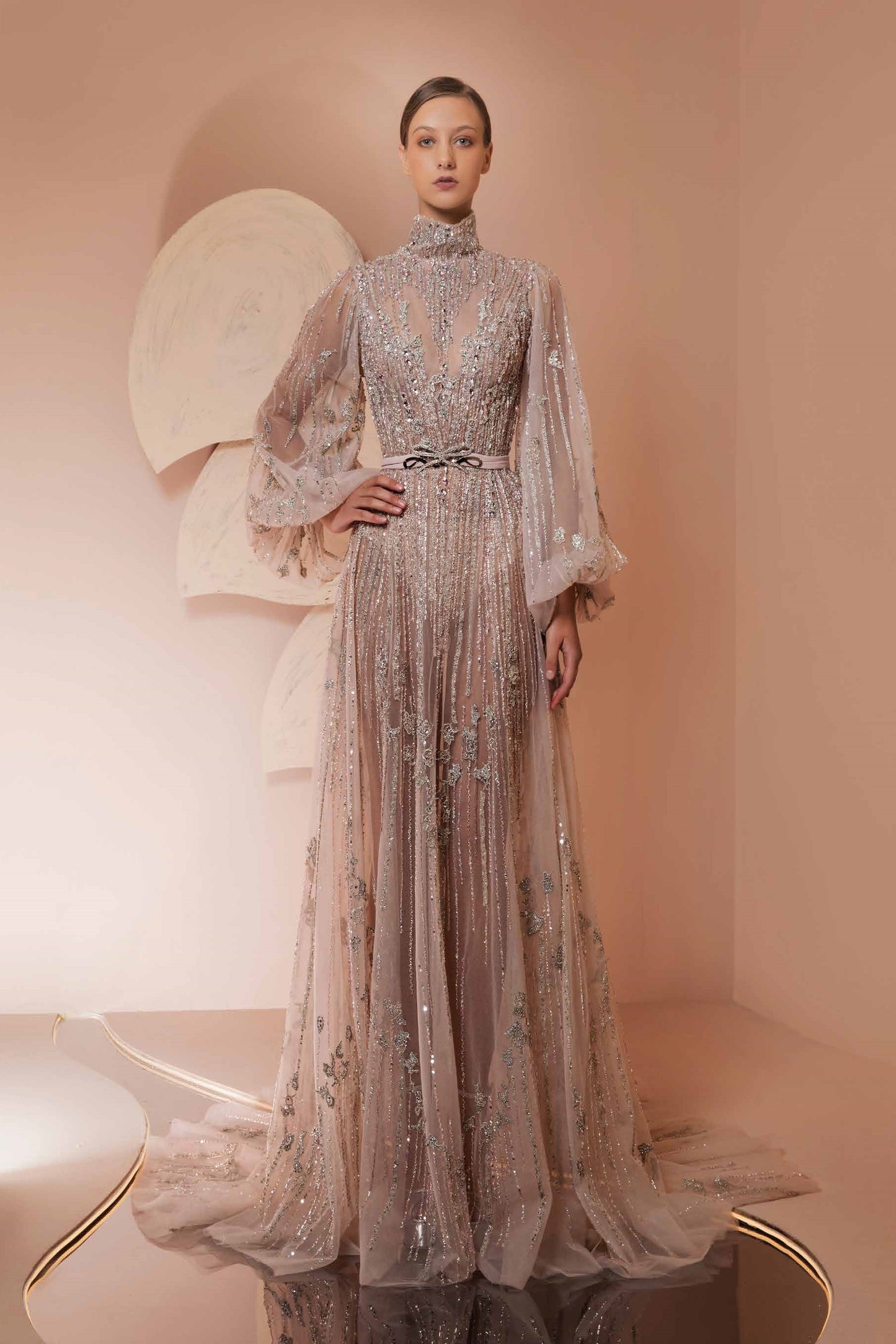 Fully-Beaded Puff Sleeve Gown